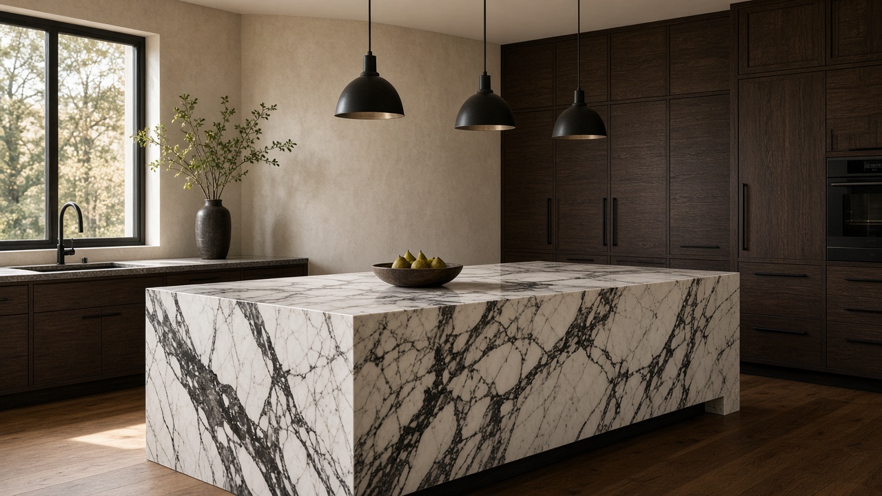 A finished kitchen with a veined stone island